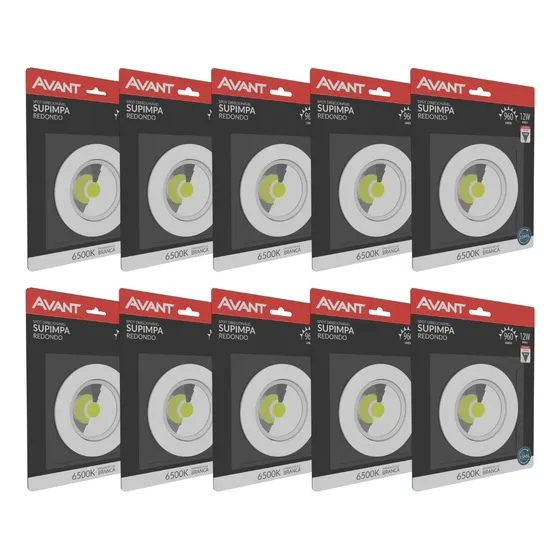 Kit 10 Spot Led Redondo Embutir Avant 12w Frio 6500k Forro