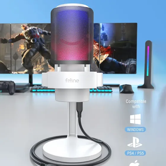 Microfone Gamer Fifine Ampligame Com Fio Usb C Led Rgb Condensador Cardioide Touch Para PC/Mac PS4 P