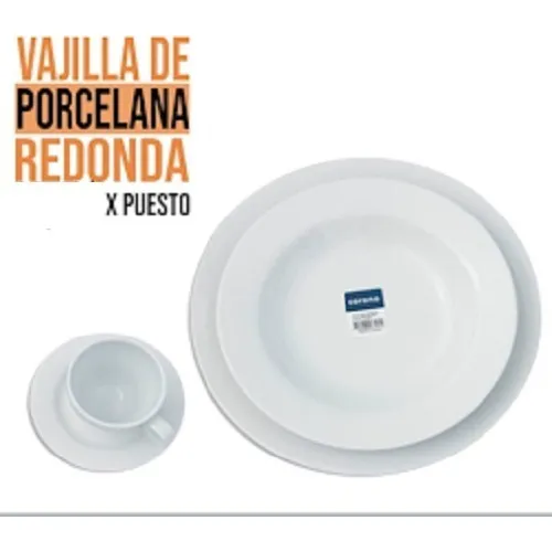 Combo Platos Redondos, Hondo Y Taza De Porcelana, Por Puesto