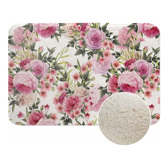 Alfombra Baño Microfibra Diseño Rosa Peonia Rosada Suave