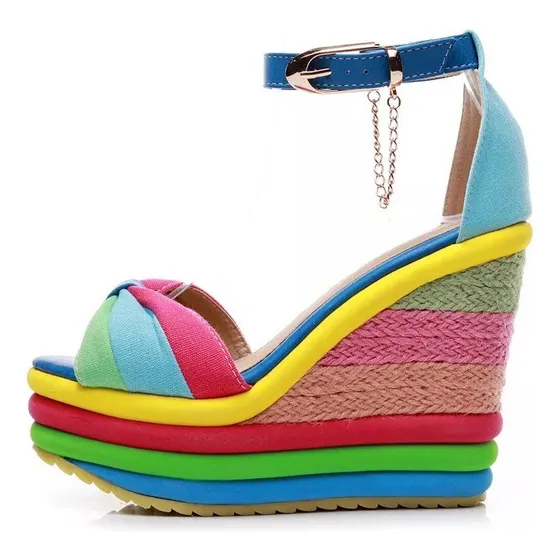 S5 Cuñas Altas Multicolor Patchwork Sandalias Peep Toe Tacón