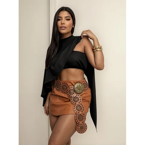 Conjunto Feminino Cropped Faixa E Capa Boho Gola Alta E Top