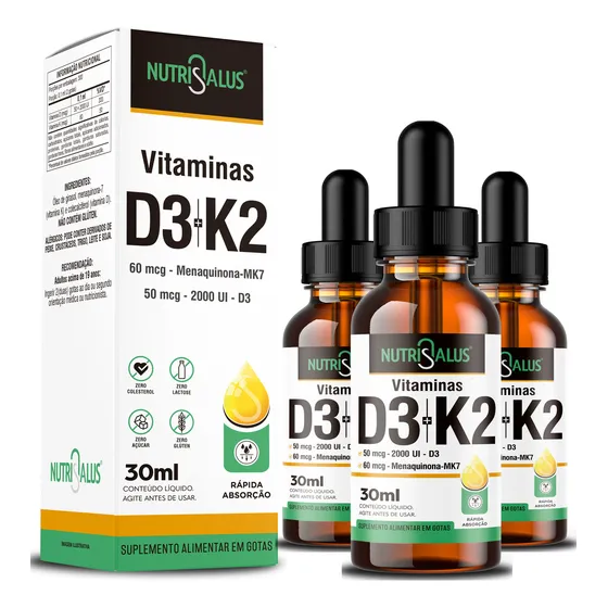 Kit 3 Vitamina D3 Com Vitamina K2 - Mk7 60 Mcg Por Dose, Rápida Absorção, 300 Doses, 30ml Nutri Salus
