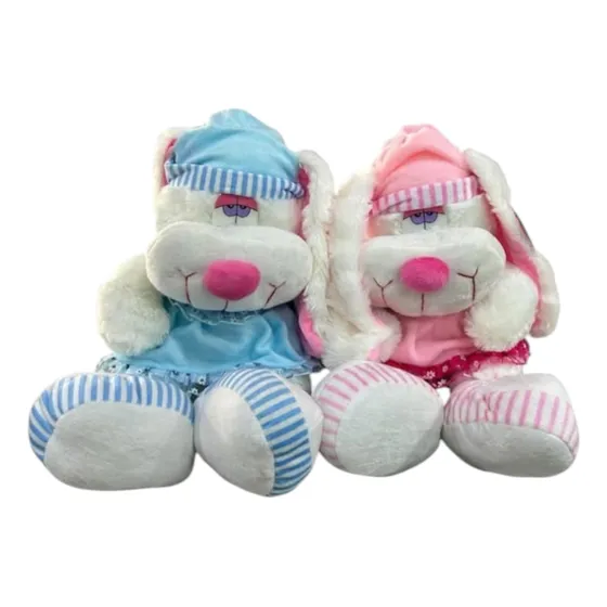 Peluche Conejo Orejas Largas 45cm Blanco Con Azul O Rosa.