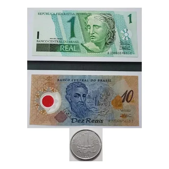 Cédula De 1 Real + Nota 10 Reais De Plástico + Moeda 1 Real