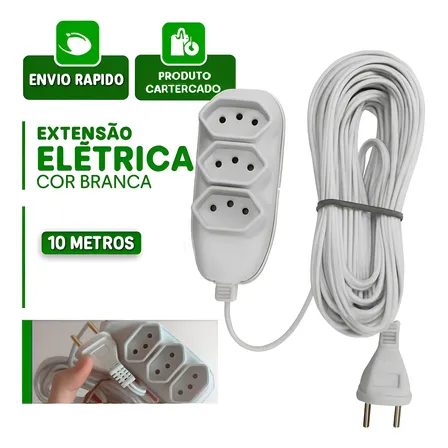 Extensão Elétrica Branco 10 Metros 10a 3 Tomadas Plug - Branco
