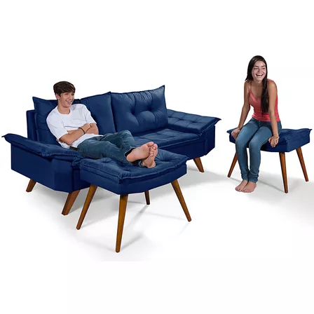 Sofa Bariloche 3 Lugares Com 2 Banquetas Essencial Estofados Cor Azul Desenho do tecido Liso