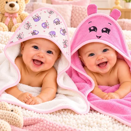 Kit 2 Toalhas De Banho Bebê Com Capuz E Orelhinha Infantil Rosa E Branco