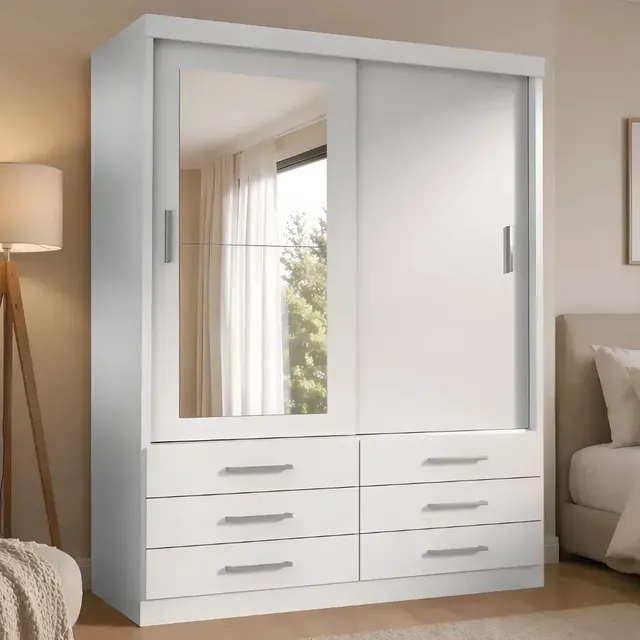 Guarda-roupa Tonielque Capri Solteiro 2 Portas de Correr 6 Gavetas com Espelho Branco