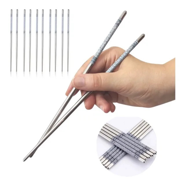 Kit 5 Pares Hashi (10 Palitos) Aço Inox Resistente Higiêni
