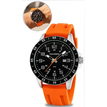 Relógio Mondaine Masculino De Pulso Esportivo Analógico Quartzo Calendário Brilha No escuro Pulseira Silicone Laranja Prova D'água 50 Metros