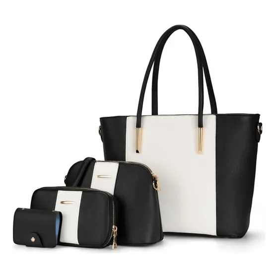 Set Carteras De Mujer Elisabeth&co Rimini Elaborado En Cuero Pu Negro Y Blanco Incluye 1 Cartera Grande 1 Cartera Chica 1 Billetera Y 1 Tarjetero Correa Extraíble E Intercambiable Herrajes Dorados