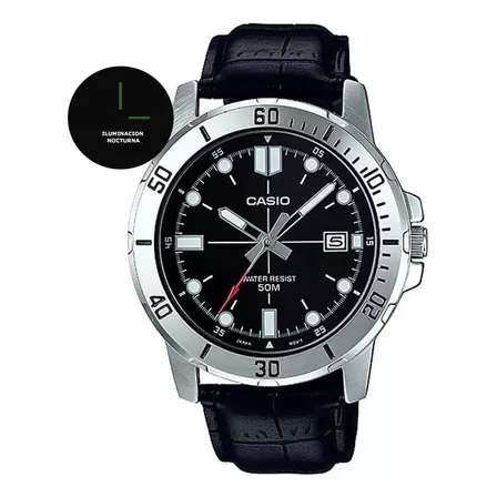 Reloj de pulsera Casio Dress MTP-VD01 de cuerpo color plateado, analógico, para hombre, fondo negro, con correa de resina color negro, agujas color gris, blanco y rojo, dial blanco y plateado, minuter
