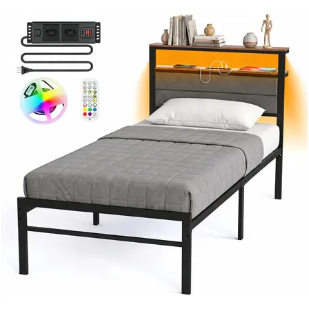 Estrutura De Cama Metal Solteiro C/cabeceira Estofada E Led Preto Hot Wheels