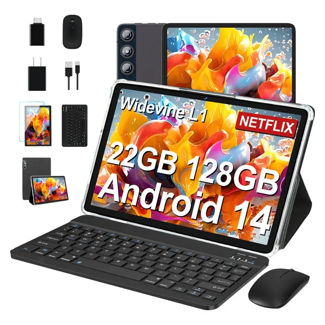 Tableta 10.1 Android 14 Tablet 22Gb Ram, 128gb Rom, WIFI 2.4G/5G Octacore 2.0Ghz Bluetooth 5.0, TF 1TB Expansión Certificación Gms Con Mouse Teclado Funda