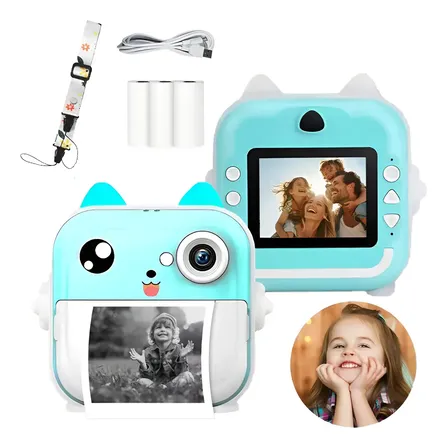 Câmera Digital Infantil Impressora Instantânea App Jogo Kids Cor Azul-celeste