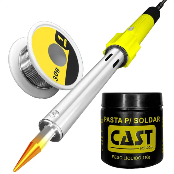 Ferro De Solda Profissional 220v Elétrico 100w Com Fio Estanho 30 E Pasta Para Soldar 110g