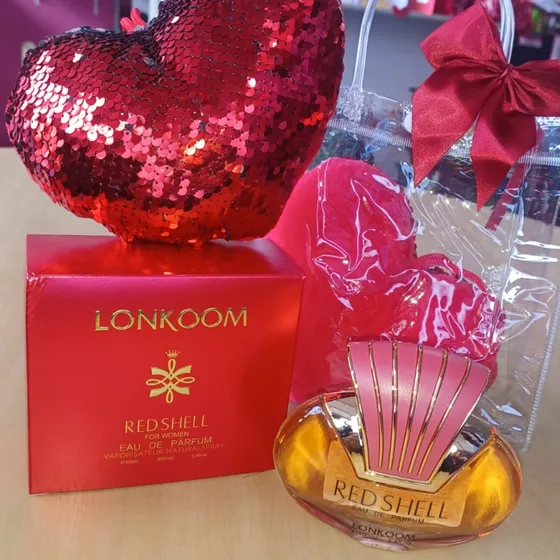 Kit Presente Elegante Feminino Perfume Importado Red Shell Lonkoom Coração Sacola Transparente Brinde