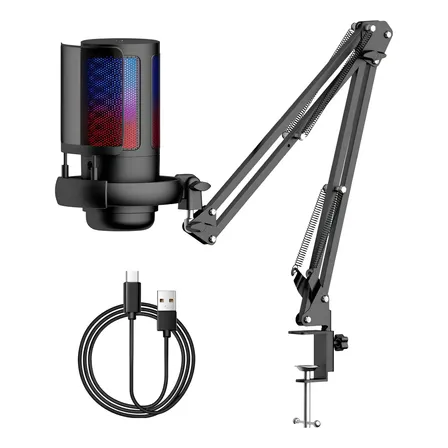 Micrófono Usb Gamer Rgb Para Podcast Con Soporte De Brazo Negro