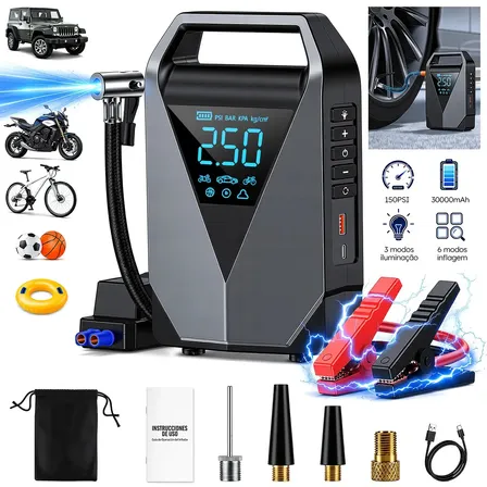 aweshine Compressor de Ar Portátil 150PSI Automotivo com Auxiliar Partida Portátil,6 Modos Inflagem, Power Bank, Tela Digital Grande, Lanterna Emergência 3 Modos Compatível Carro Moto Caminhão