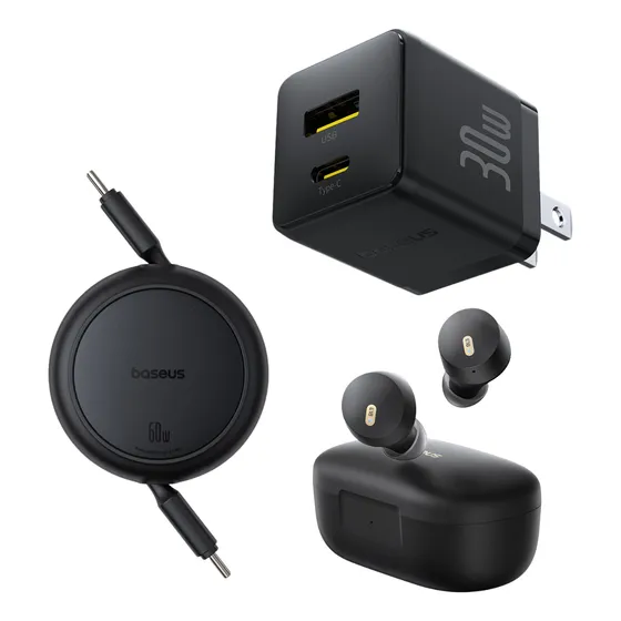 Baseus Kit Audifonos Inalámbricos Bowie E18 Bluetooth 5.3 Carga Rápida iPhone Y Android + Cargador De Pared 2 Puertos Usb A Y Tipo C 30 W + Cable Retráctil Tipo C A Tipo C 60w carga rápida