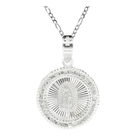 Dije De Plata Virgen De Guadalupe Circular Con Incrustaciones De Zirconia Con Cadena De Plata Calibre 40 Y 45 Cm De Largo Ideal Para Mujer O Niños Regalo En Boda Bautizo Primera Comunión