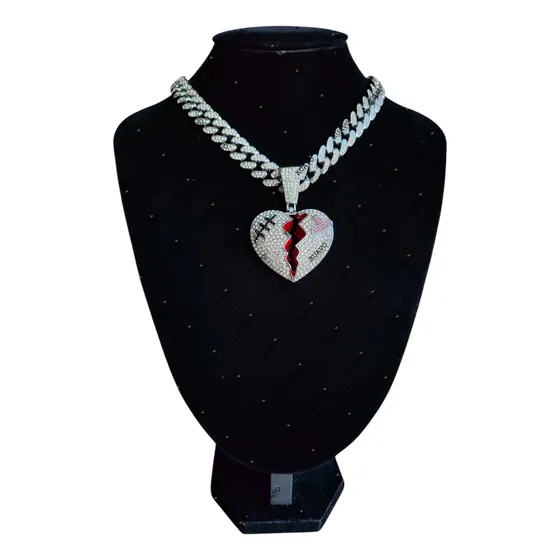 Collar Cubana Ice + Corazón Roto Ice Strass Simil Oro Trap