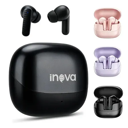 Fones De Ouvido Inova Bluetooth 6.0 semi-in-ear Hi-fi Tws Ipx5 Com Visibilidade da Bateria em iPhone, Botões Físicos para ouvir música por longos períodos, trabalhar ou fazer chamadas Preto