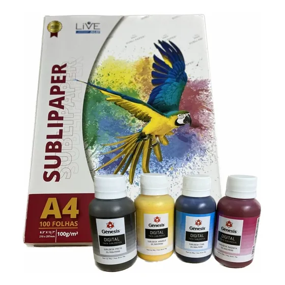 Kit 4 Cores Tinta Sublimática + 100 Folhas Papel A4 Live