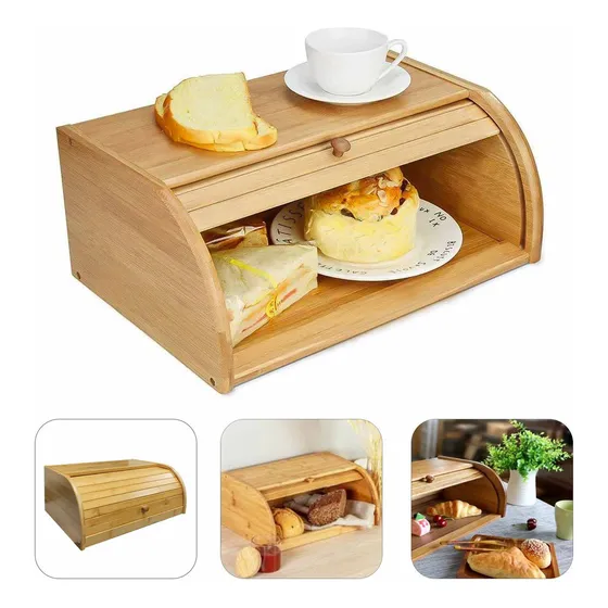 Caja  Pan Madera Bambu Con Tapa Enrollable Multiuso Grande