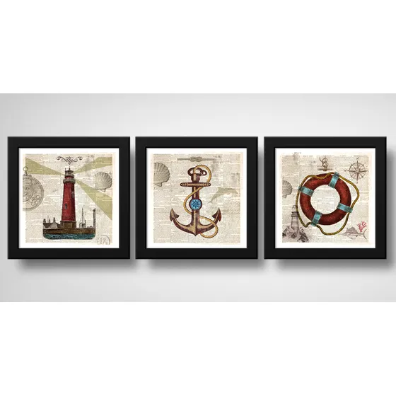 Set 3 Cuadros Marino Náutico Marinero Arte Retro Decoracion