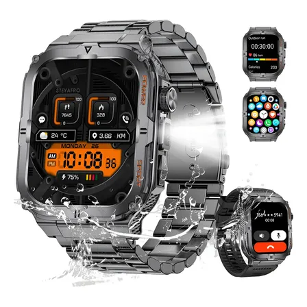 Militar Relógios Inteligentes Masculinos Lanterna Smartwatch Preto