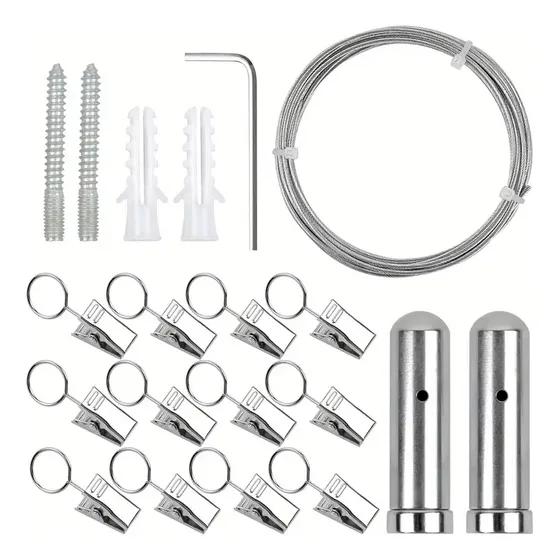 Kit Completo Barral para Cortinas Inoxidable Inomax – Tensor Recto con Cable, 3m, 12 Ganchos, Color Níquel Plateado