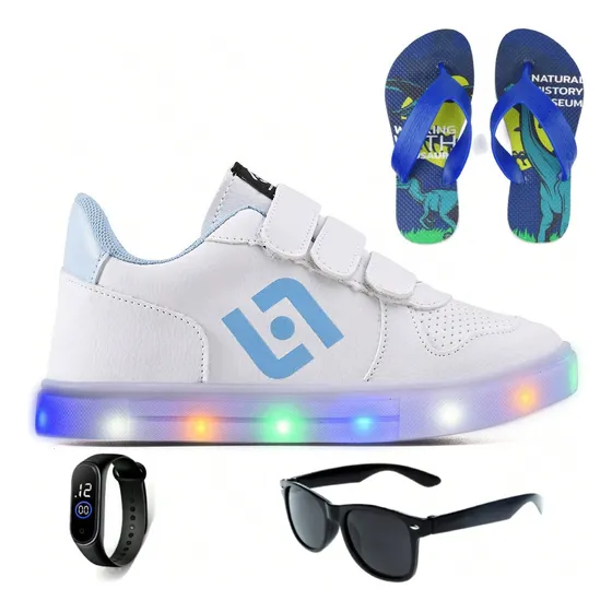 Tenis Infantil Led Casual Meninos + Chinelo Oculos Relogio