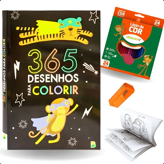 Kit Livro De Colorir 365 Desenhos + Lápis De Cor 24 Unid