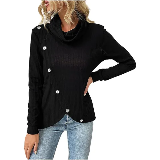 Tops Punto Cuello Vuelto Boton Manga Larga Blusa Casual Moda