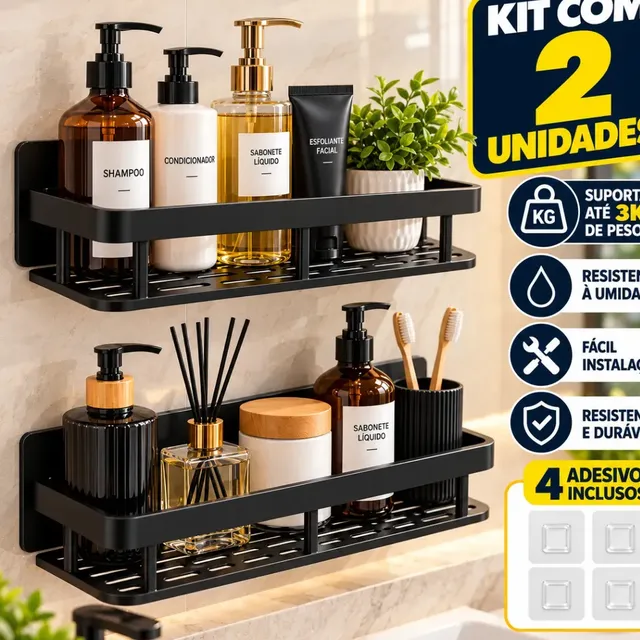 Kit 2 Suporte Porta Shampoo Sabonete Banheiro Adesivo Parede Sem Furos Box Luxo Cor Preto CNC DO BRASIL