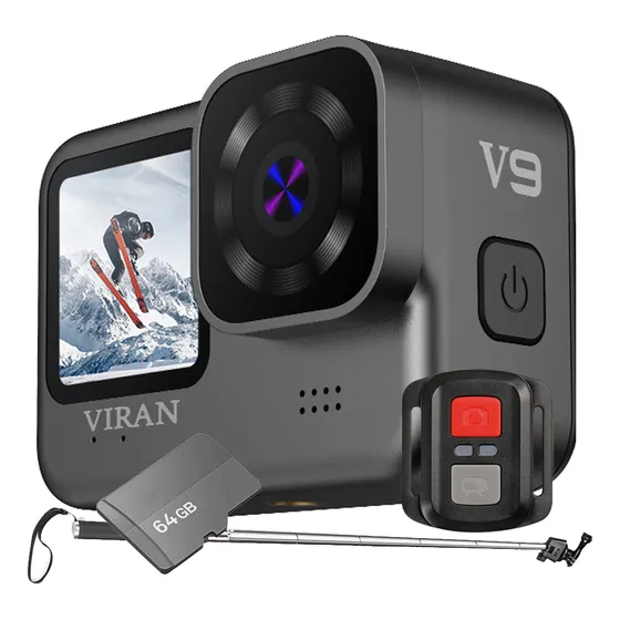 Câmera V9 Sport 4k 60fps Wi-fi + 64gb Bastão Surf Moto Bike Cor Preto Viran Preto