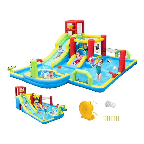 Parque Inflable Acuático Con Toboganes Y Piscina Grande Para
