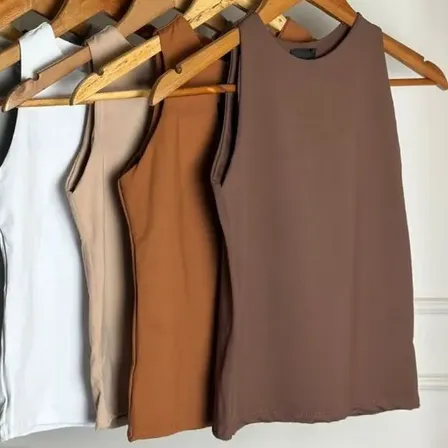 Kit 3 Regata Blusinha Feminina Suplex Duplo Básica Moda Preto/ Areia/ Marrom Gg