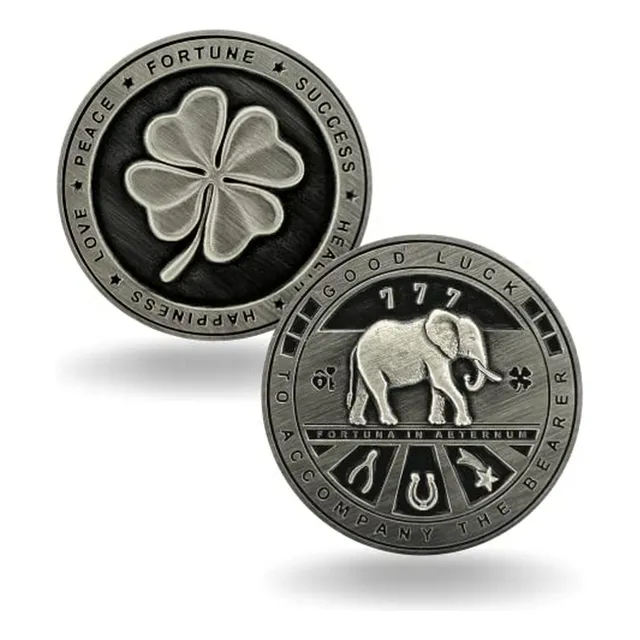 Moneda De La Suerte De Dos Caras Con Trébol Y Elefante - 1.5