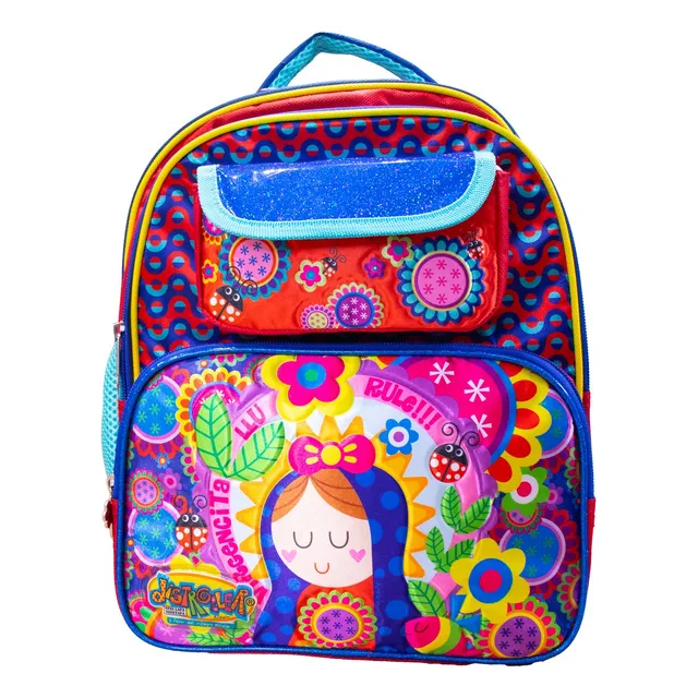 Mochila Para Kinder Distroller La Virgencita Plis Azul Y Rojo, Diseño Único