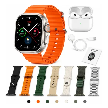 Relógio Smartwatch Ws80 49mm + Fone + Kit 7 Pulseira Prateado Kit