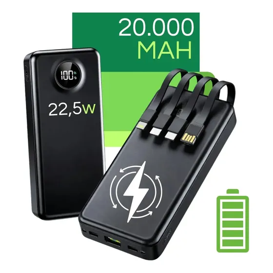 Carregador Portátil 20000 Turbo 22.5w Power Bank Premium Universal Rápido Para Samsung iPhone Xiaomi Motorola Celular Smartwatch Tablet Davely Preto