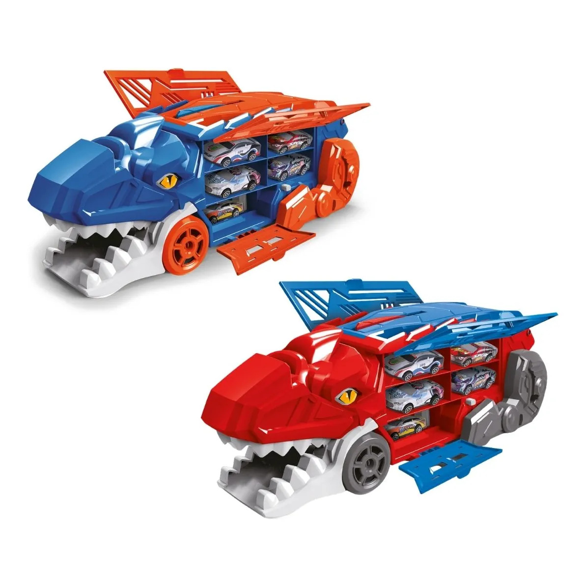 Caminhão Dinossauro 6 Carrinhos Pista 2x1 Dinobot Maxi Toys Azul
