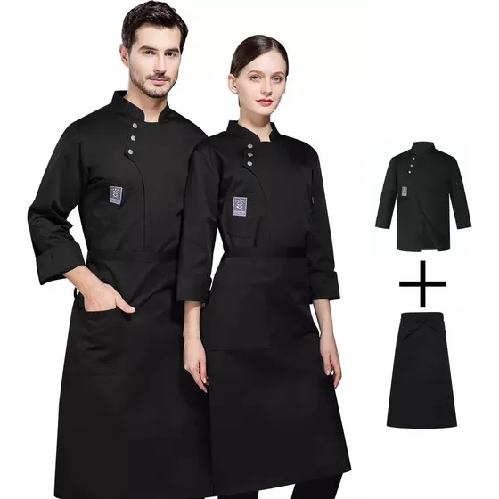 Chaqueta Chef Unisex Manga Larga Mandil 2pcs