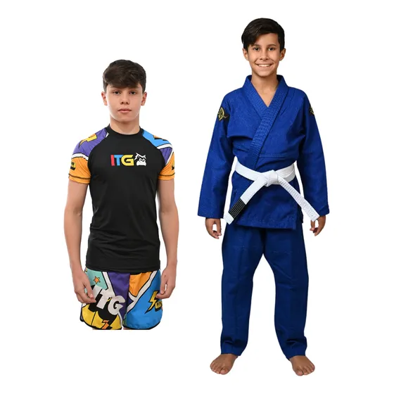 Kit Kimono Infantil In The Guard Trançado Grosso + Rashguard