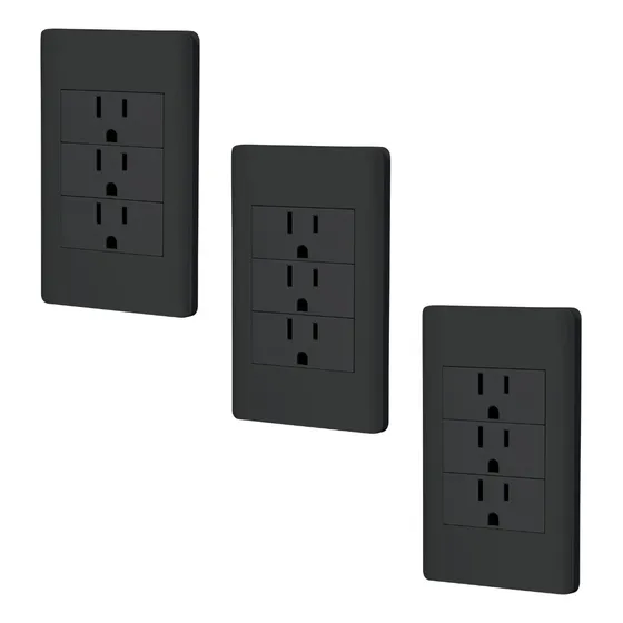 Kit De 3 Placas Con 3 Contactos Con Tierra Negra Color Negro