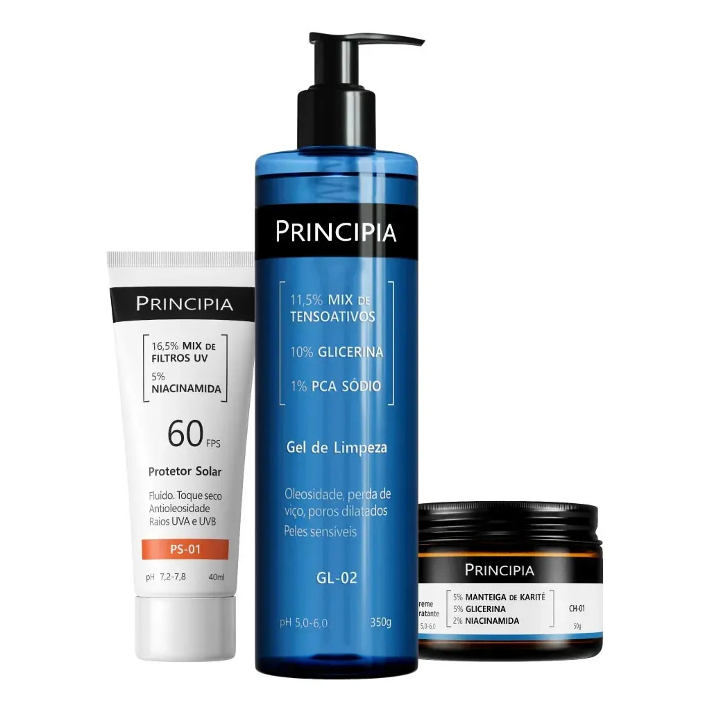 Kit de skincare Principia contendo um protetor solar FPS 60, um gel de limpeza GL-02 e um creme hidratante CH-01 em fundo branco