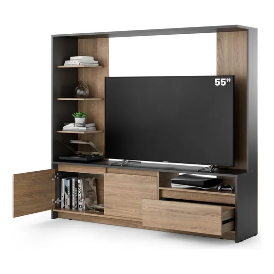 Tv Rack Mueble Mesa 60 Pulgadas Moderno con 4 Estantes 2 Puertas 1 Cajón Melamina 180cm Color Grigio Roble Bardolino Dielfe CEN180